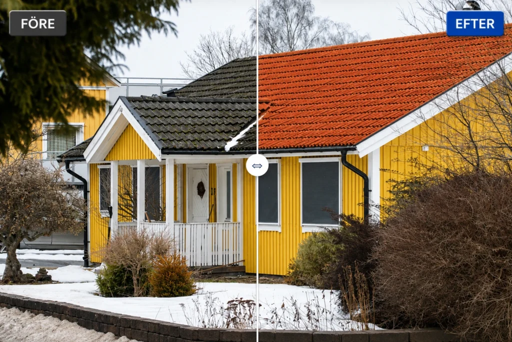 Visualisering av takmålning – före och efter, mörkt tak omvandlat till tegelrött